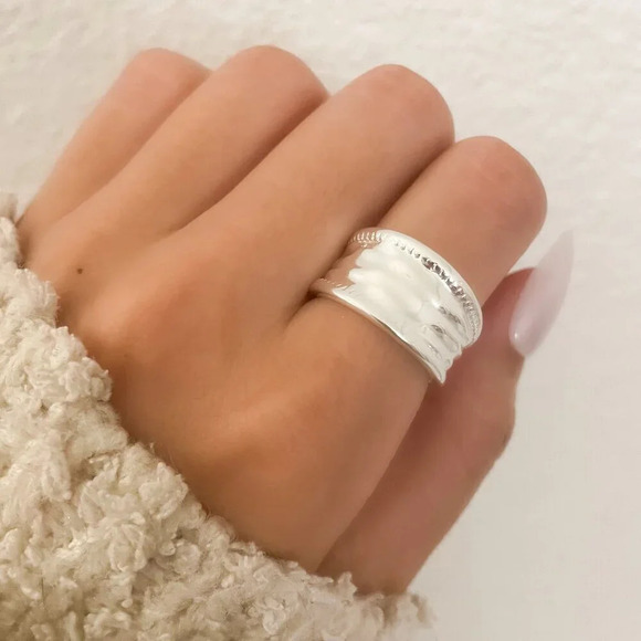 925 Sterling Silver Chunky Ring Thick Ring Silver Wide Textured Ring Band - Picture 1 of 9